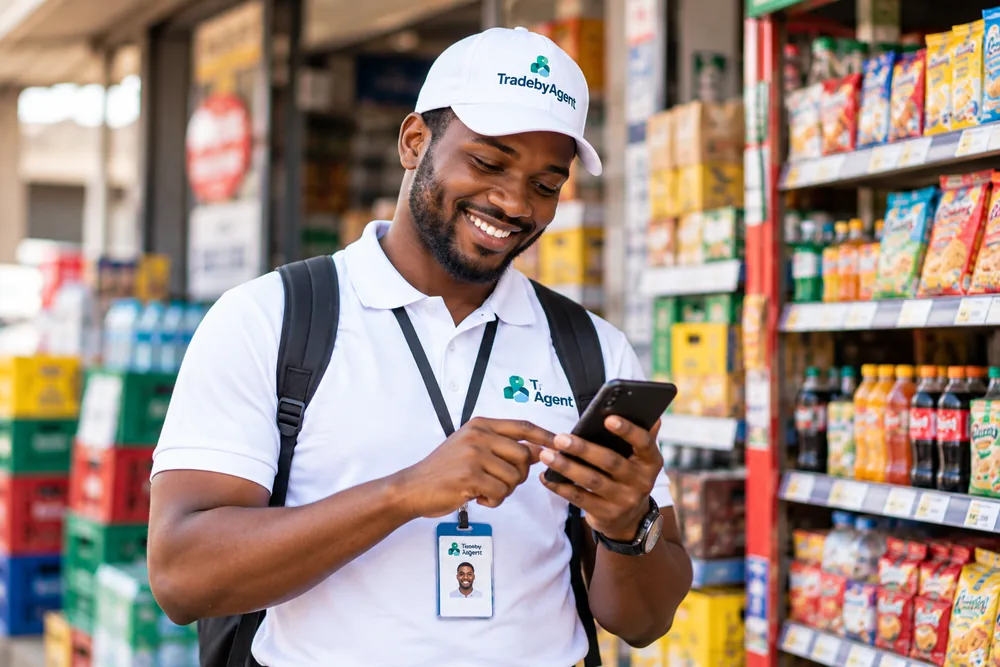 A smiling TradebyAgent field agent holding a phone in a store