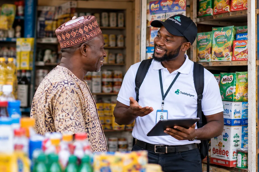 A field agent talking with a shop owner about stocking products