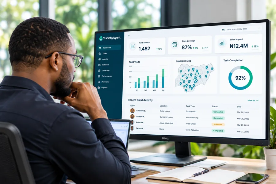 A business manager reviewing field data on an analytics dashboard