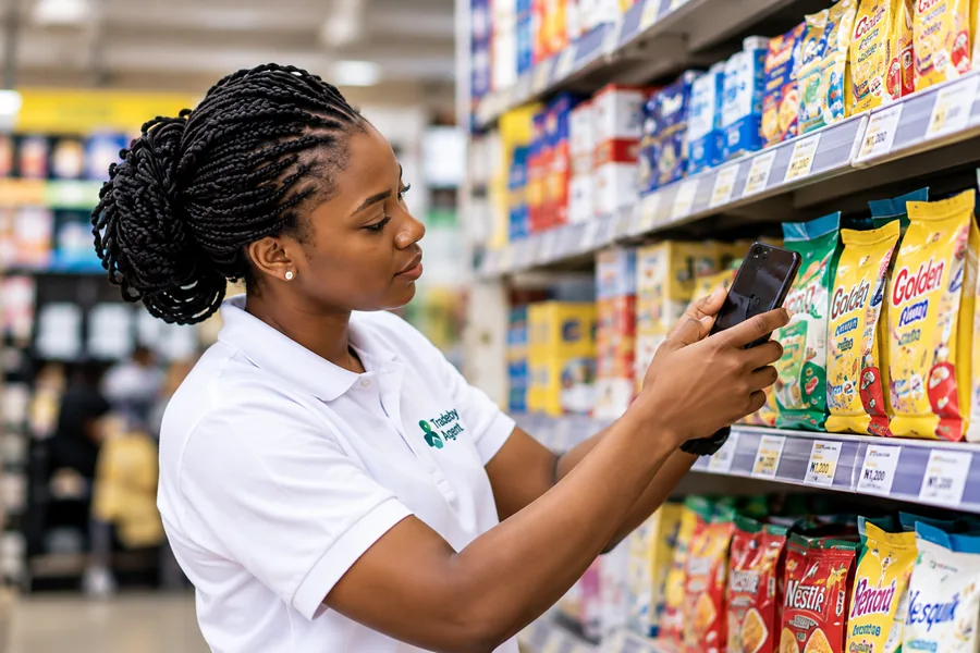 An agent checking products on a retail shelf with a phone