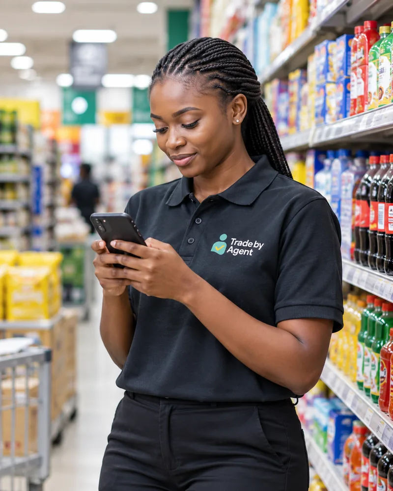 A TradebyAgent field agent checking stock on a shelf in a Nigerian retail store